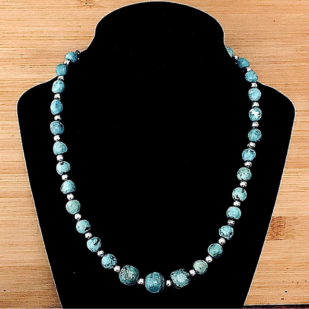 $87  Carolyn Pollack Turquoise & Sterling Estate Necklace Marked R Crescent Moon